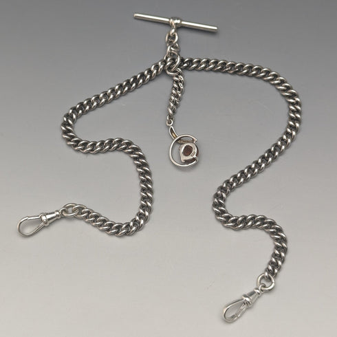 Circa 1910 British Antique Sterling Silver Double Albert Chain 37g Sterling Silver & Amber Fob